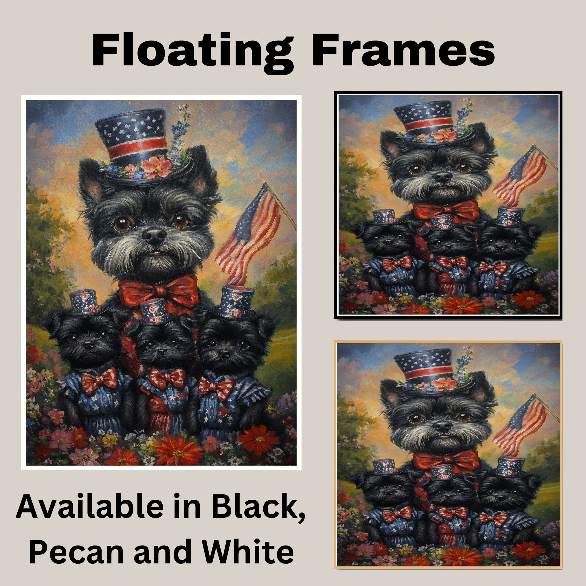Black Affenpinscher Mother and Puppies Dressed in Patriotic Red White and Blue with Hats and American Flag in Flower Field on Ready to Hang 1.5" Thick Canvas Wrap, Floating Framed Canvas, Flat Rolled Canvas
