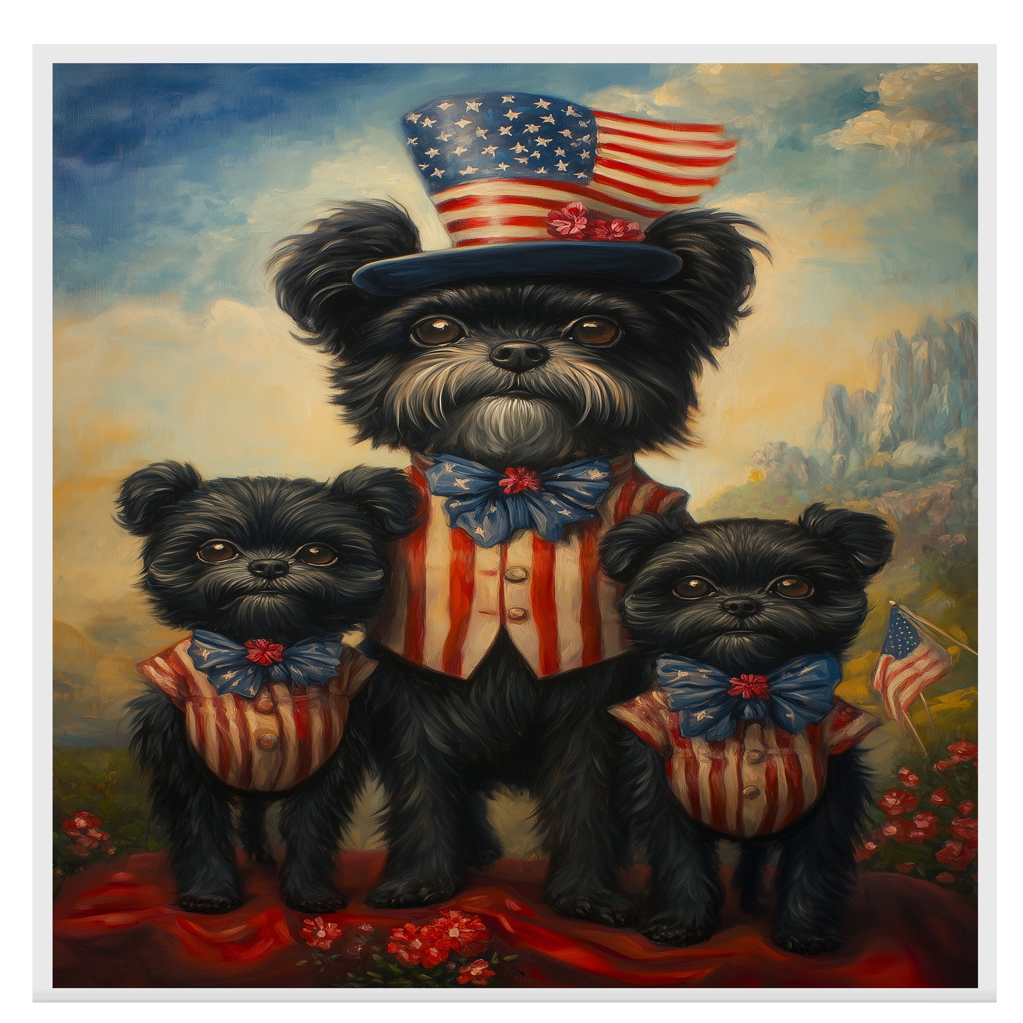 Black Affenpinscher Mother and Puppies Wearing Patriotic Red White and Blue Outfits Holding American Flag with Mountain Background on Ready to Hang 1.5" Thick Canvas Wrap, Floating Framed Canvas, Flat Rolled Canvas