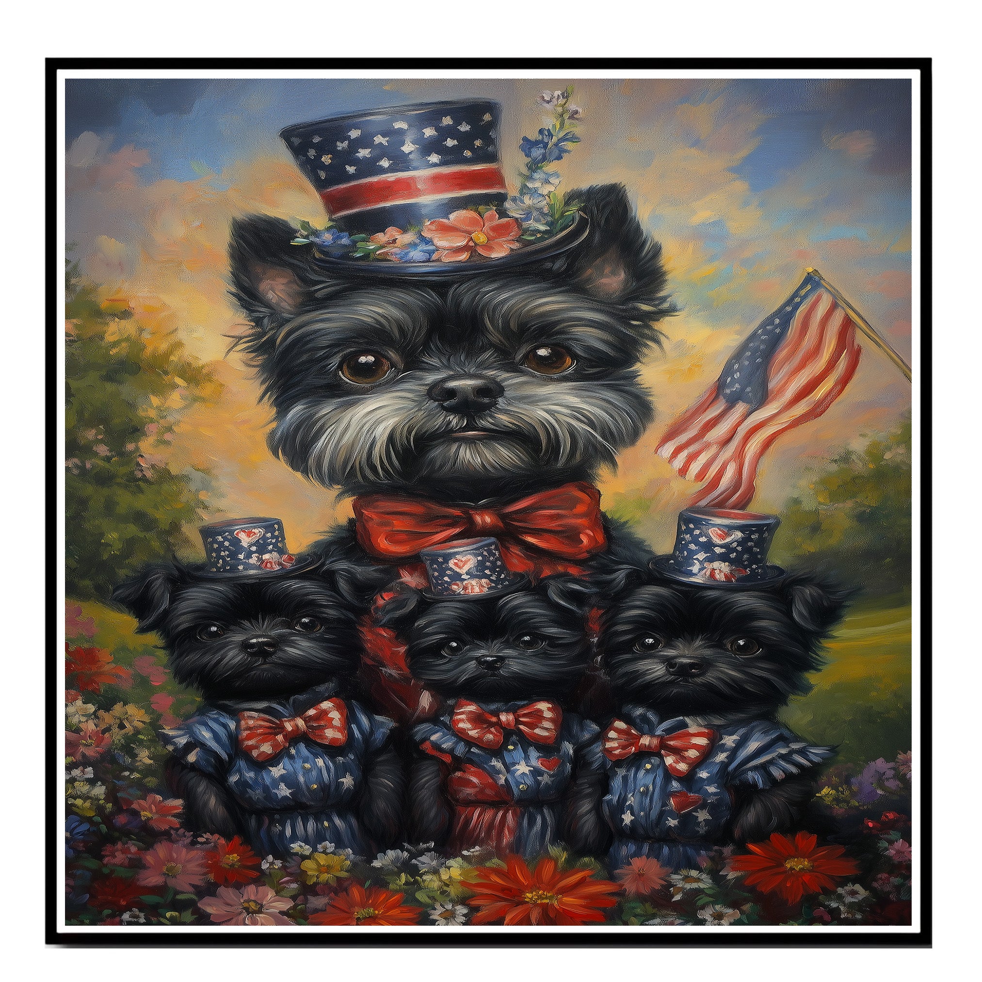Black Affenpinscher Mother and Puppies Dressed in Patriotic Red White and Blue with Hats and American Flag in Flower Field on Ready to Hang 1.5" Thick Canvas Wrap, Floating Framed Canvas, Flat Rolled Canvas