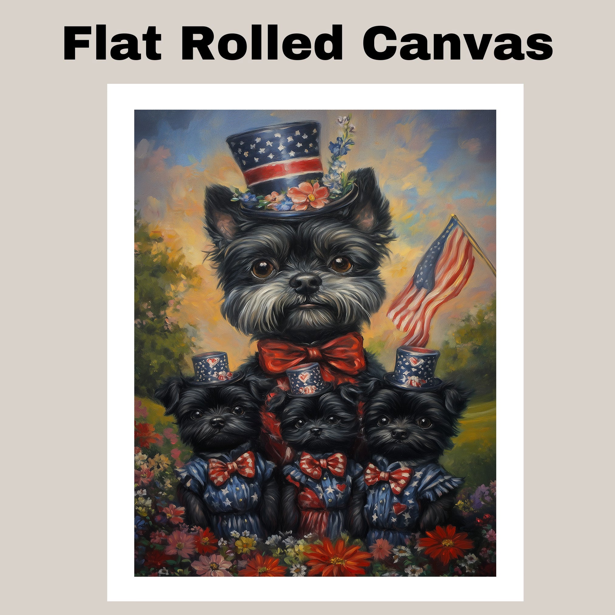 Black Affenpinscher Mother and Puppies Dressed in Patriotic Red White and Blue with Hats and American Flag in Flower Field on Ready to Hang 1.5" Thick Canvas Wrap, Floating Framed Canvas, Flat Rolled Canvas