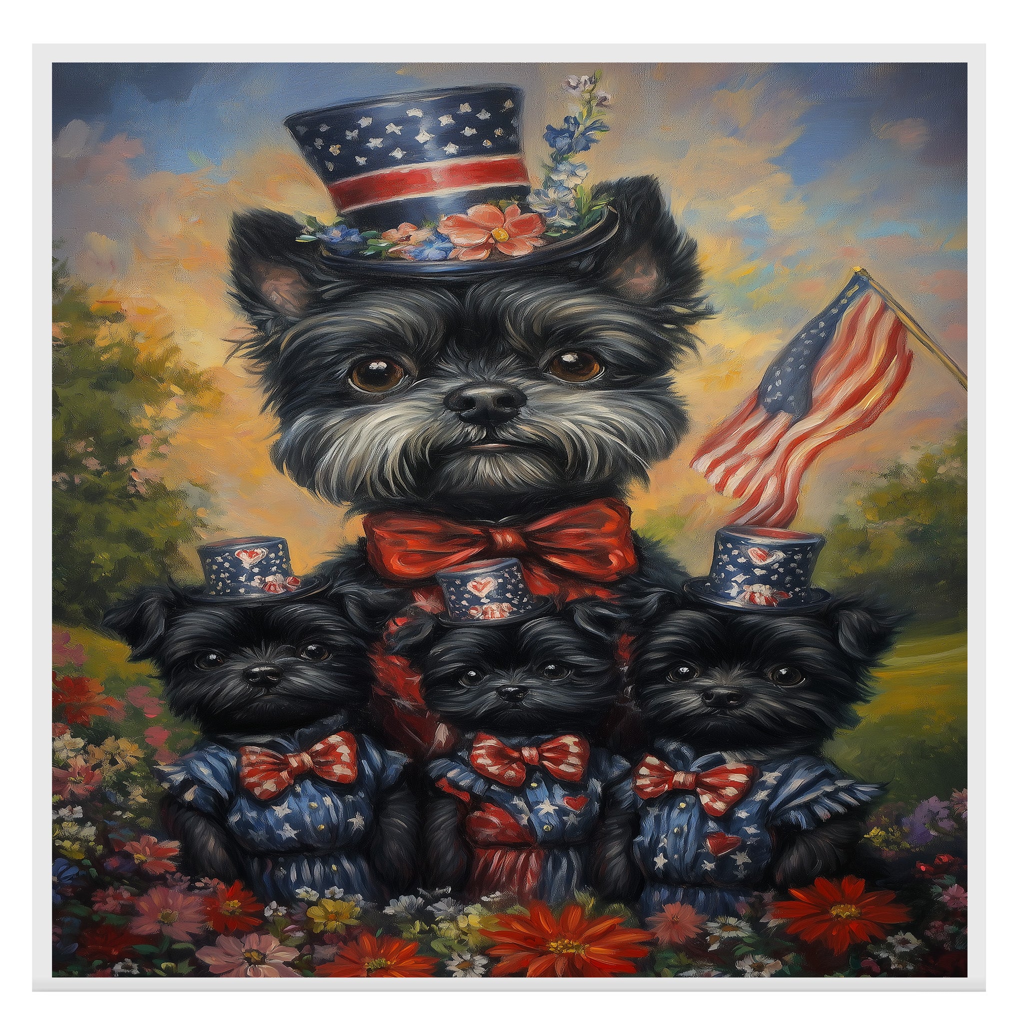 Black Affenpinscher Mother and Puppies Dressed in Patriotic Red White and Blue with Hats and American Flag in Flower Field on Ready to Hang 1.5" Thick Canvas Wrap, Floating Framed Canvas, Flat Rolled Canvas