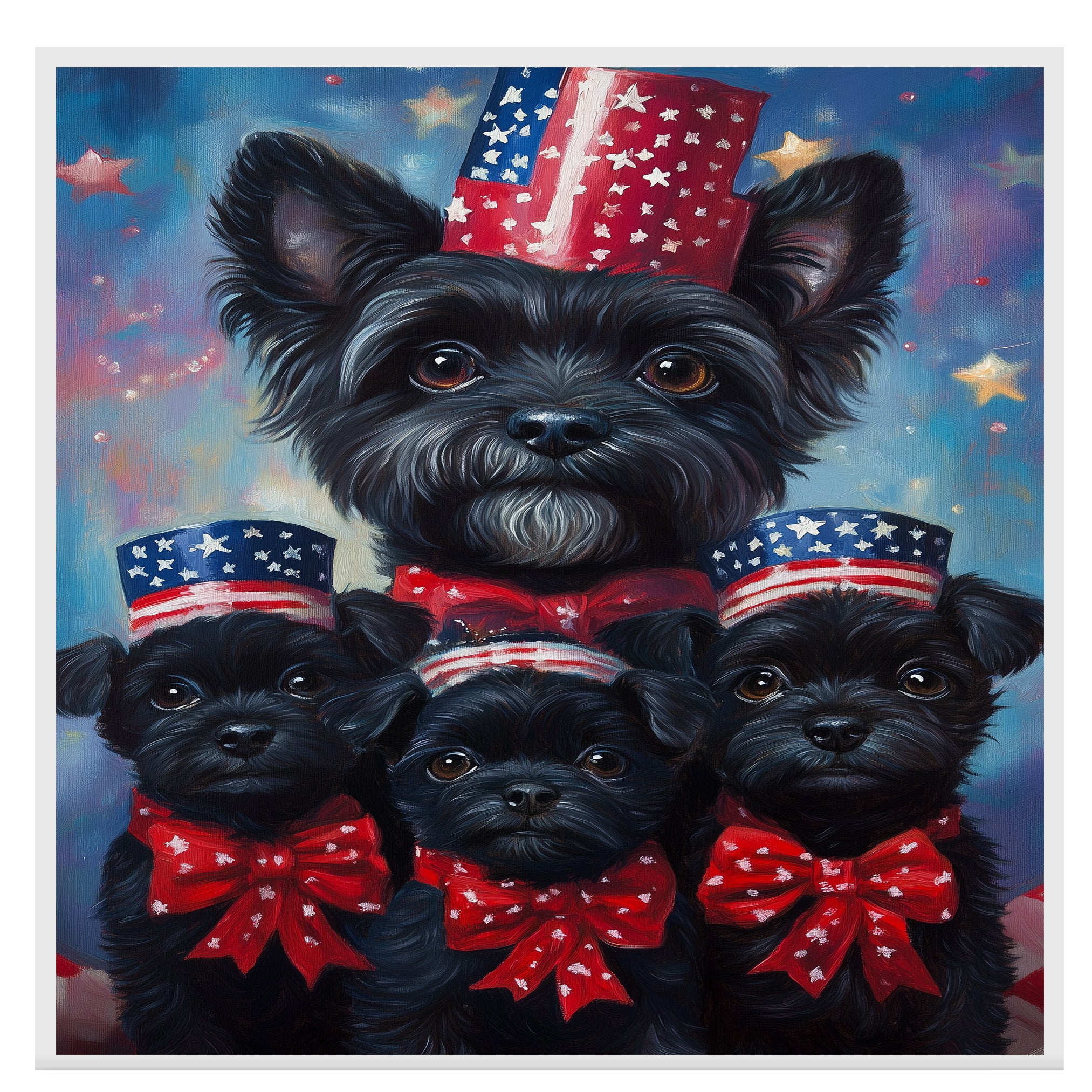 Black Affenpinscher Mother and Puppies in Patriotic Outfits with Starry Night Background and Red White and Blue Top Hats on Ready to Hang 1.5" Thick Canvas Wrap, Floating Framed Canvas, Flat Rolled Canvas