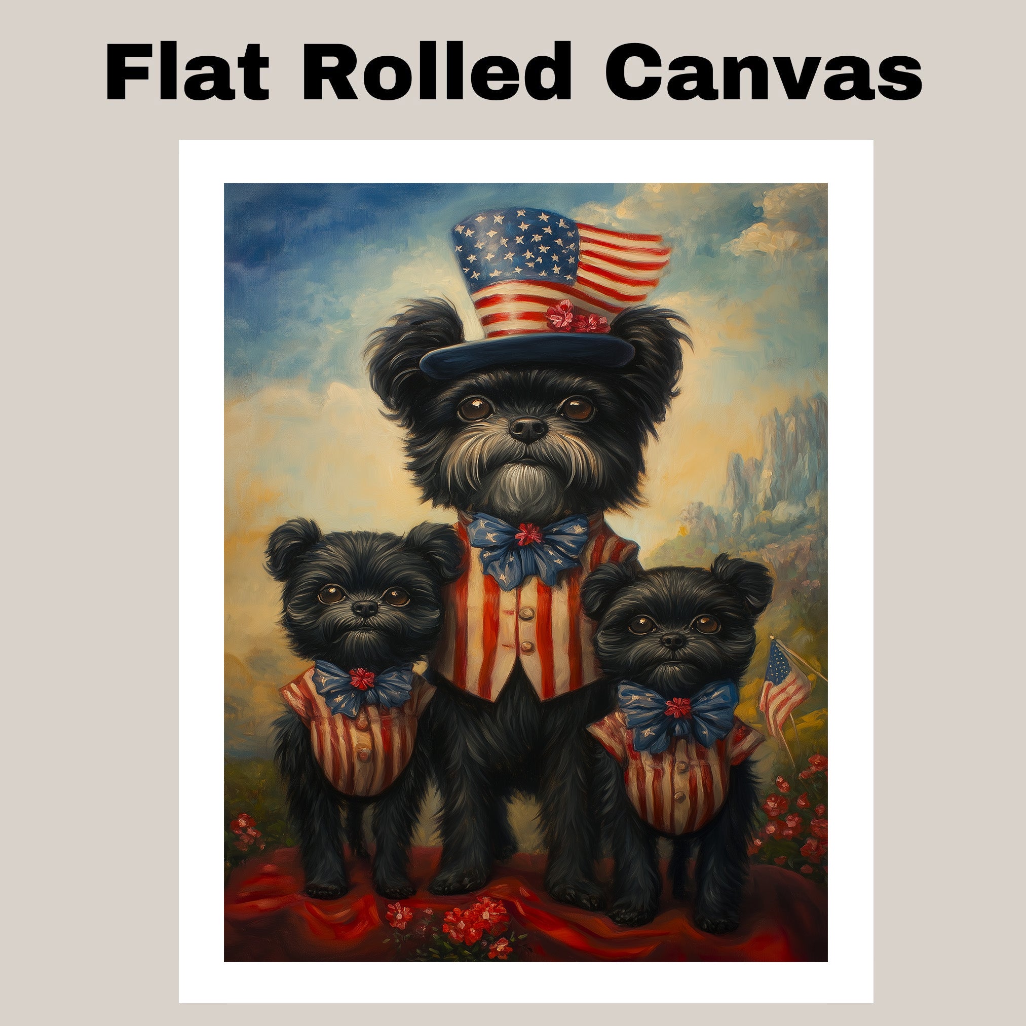 Black Affenpinscher Mother and Puppies Wearing Patriotic Red White and Blue Outfits Holding American Flag with Mountain Background on Ready to Hang 1.5" Thick Canvas Wrap, Floating Framed Canvas, Flat Rolled Canvas