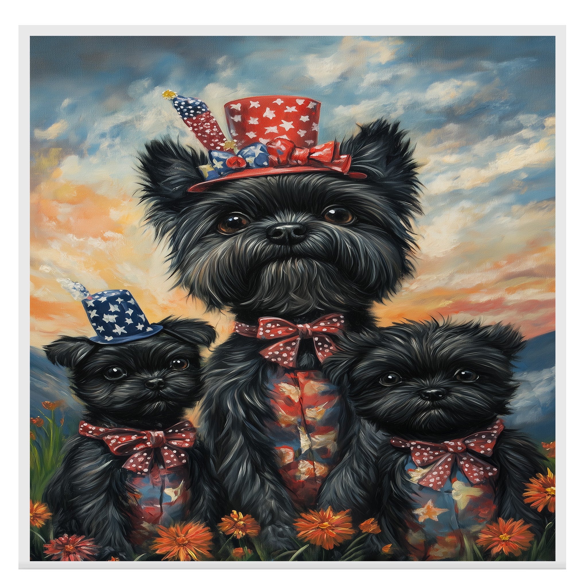 Black Affenpinscher Mother and Two Puppies in Patriotic Outfits with Firework Hats and Sunset Sky Background on Ready to Hang 1.5" Thick Canvas Wrap, Floating Framed Canvas, Flat Rolled Canvas