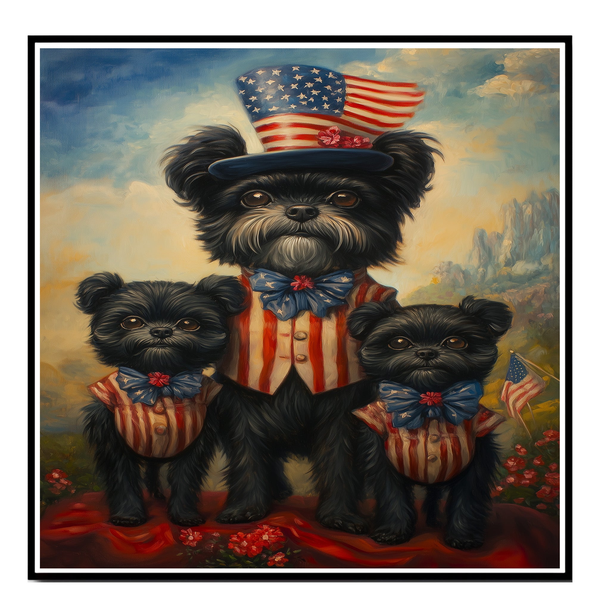 Black Affenpinscher Mother and Puppies Wearing Patriotic Red White and Blue Outfits Holding American Flag with Mountain Background on Ready to Hang 1.5" Thick Canvas Wrap, Floating Framed Canvas, Flat Rolled Canvas