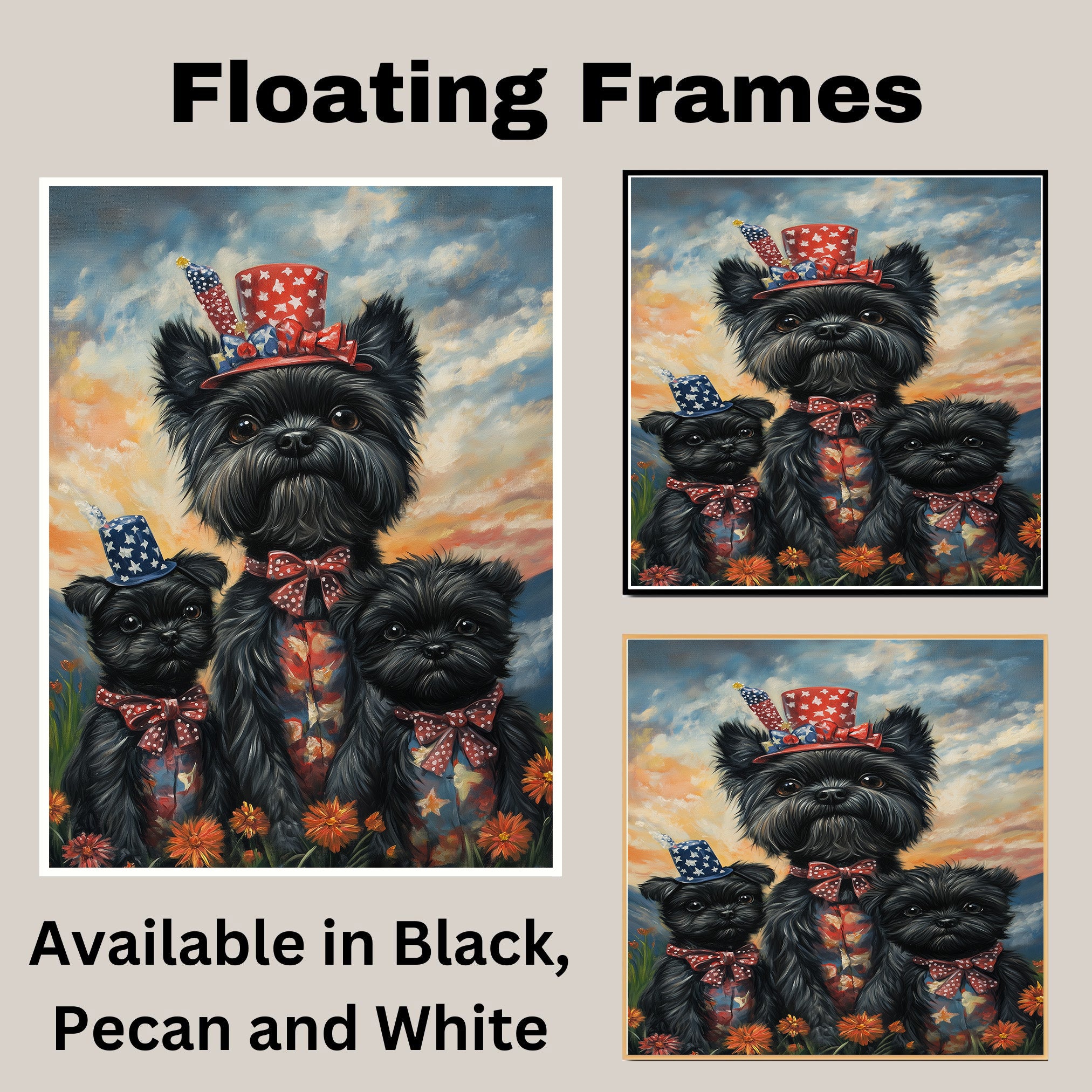 Black Affenpinscher Mother and Two Puppies in Patriotic Outfits with Firework Hats and Sunset Sky Background on Ready to Hang 1.5" Thick Canvas Wrap, Floating Framed Canvas, Flat Rolled Canvas
