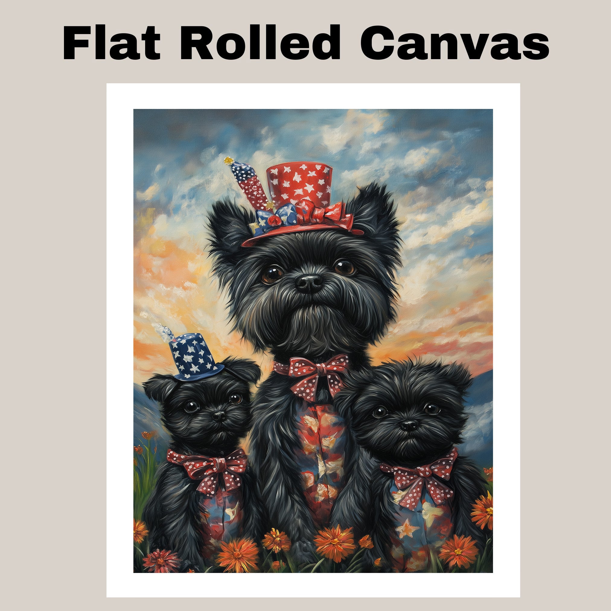 Black Affenpinscher Mother and Two Puppies in Patriotic Outfits with Firework Hats and Sunset Sky Background on Ready to Hang 1.5" Thick Canvas Wrap, Floating Framed Canvas, Flat Rolled Canvas