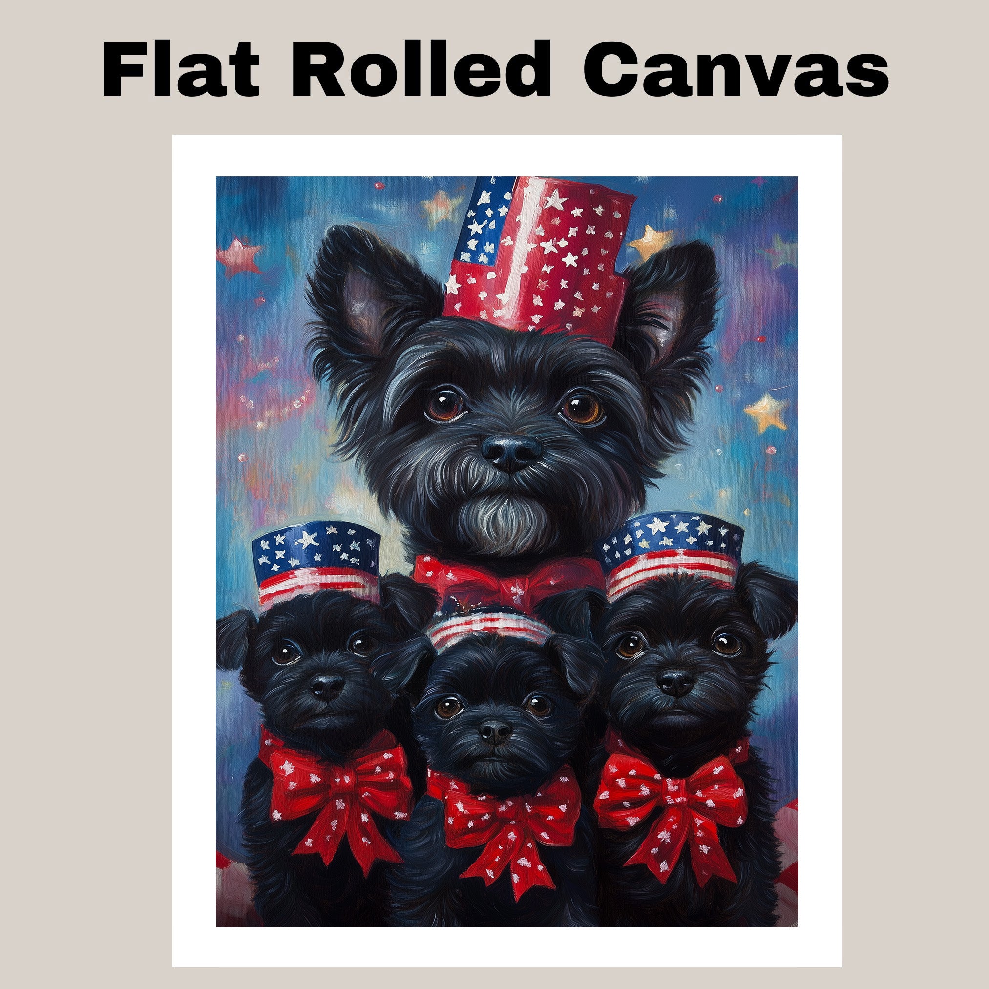 Black Affenpinscher Mother and Puppies in Patriotic Outfits with Starry Night Background and Red White and Blue Top Hats on Ready to Hang 1.5" Thick Canvas Wrap, Floating Framed Canvas, Flat Rolled Canvas