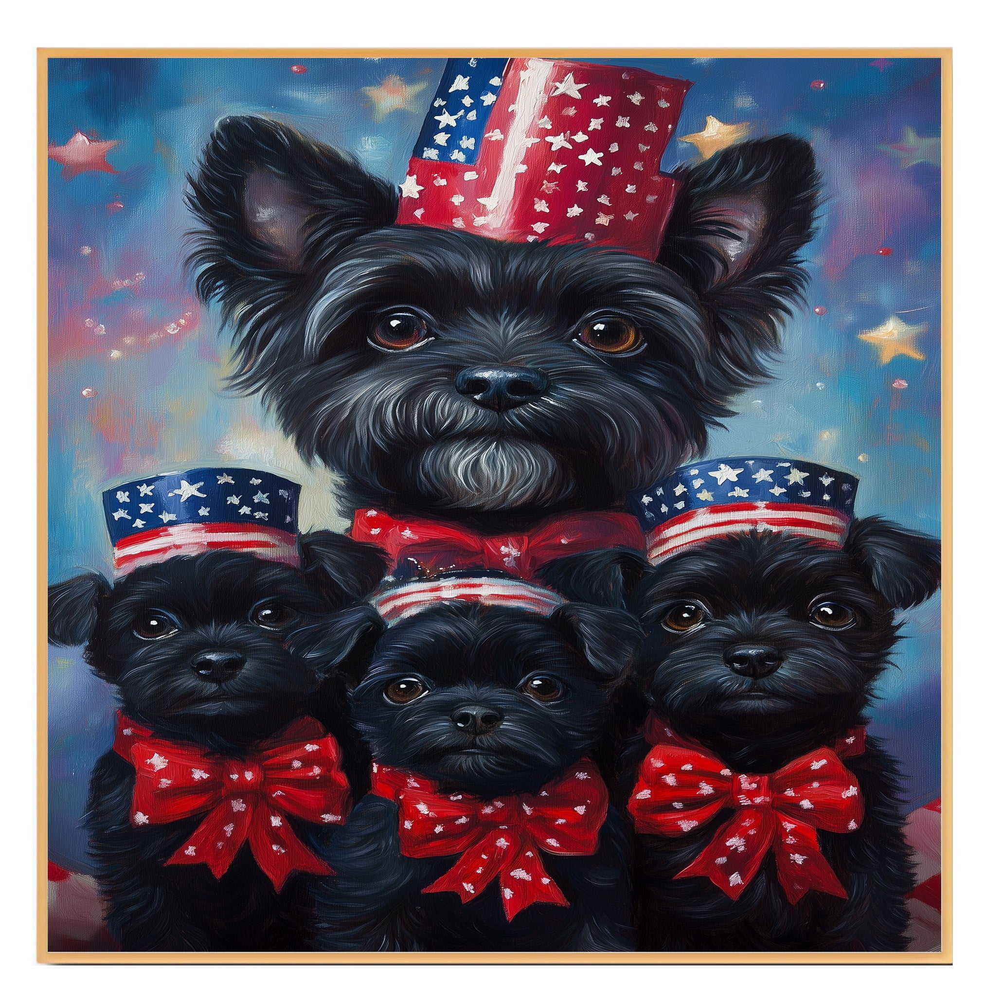 Black Affenpinscher Mother and Puppies in Patriotic Outfits with Starry Night Background and Red White and Blue Top Hats on Ready to Hang 1.5" Thick Canvas Wrap, Floating Framed Canvas, Flat Rolled Canvas
