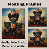 Black Affenpinscher Mother and Puppies Wearing Patriotic Red White and Blue Outfits Holding American Flag with Mountain Background on Ready to Hang 1.5" Thick Canvas Wrap, Floating Framed Canvas, Flat Rolled Canvas