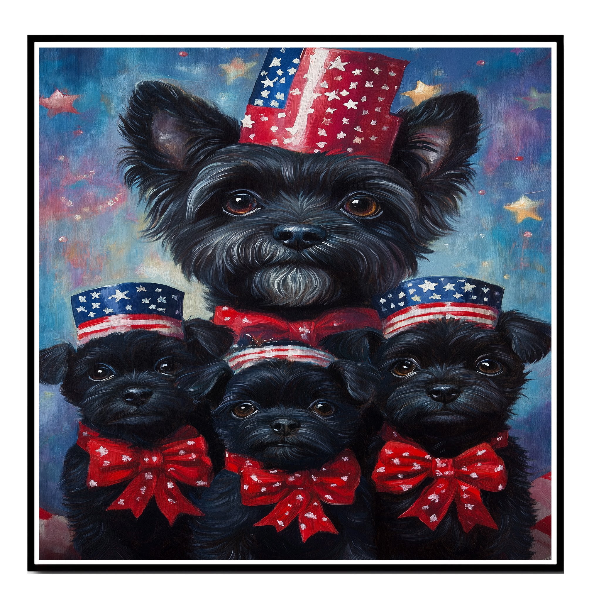 Black Affenpinscher Mother and Puppies in Patriotic Outfits with Starry Night Background and Red White and Blue Top Hats on Ready to Hang 1.5" Thick Canvas Wrap, Floating Framed Canvas, Flat Rolled Canvas