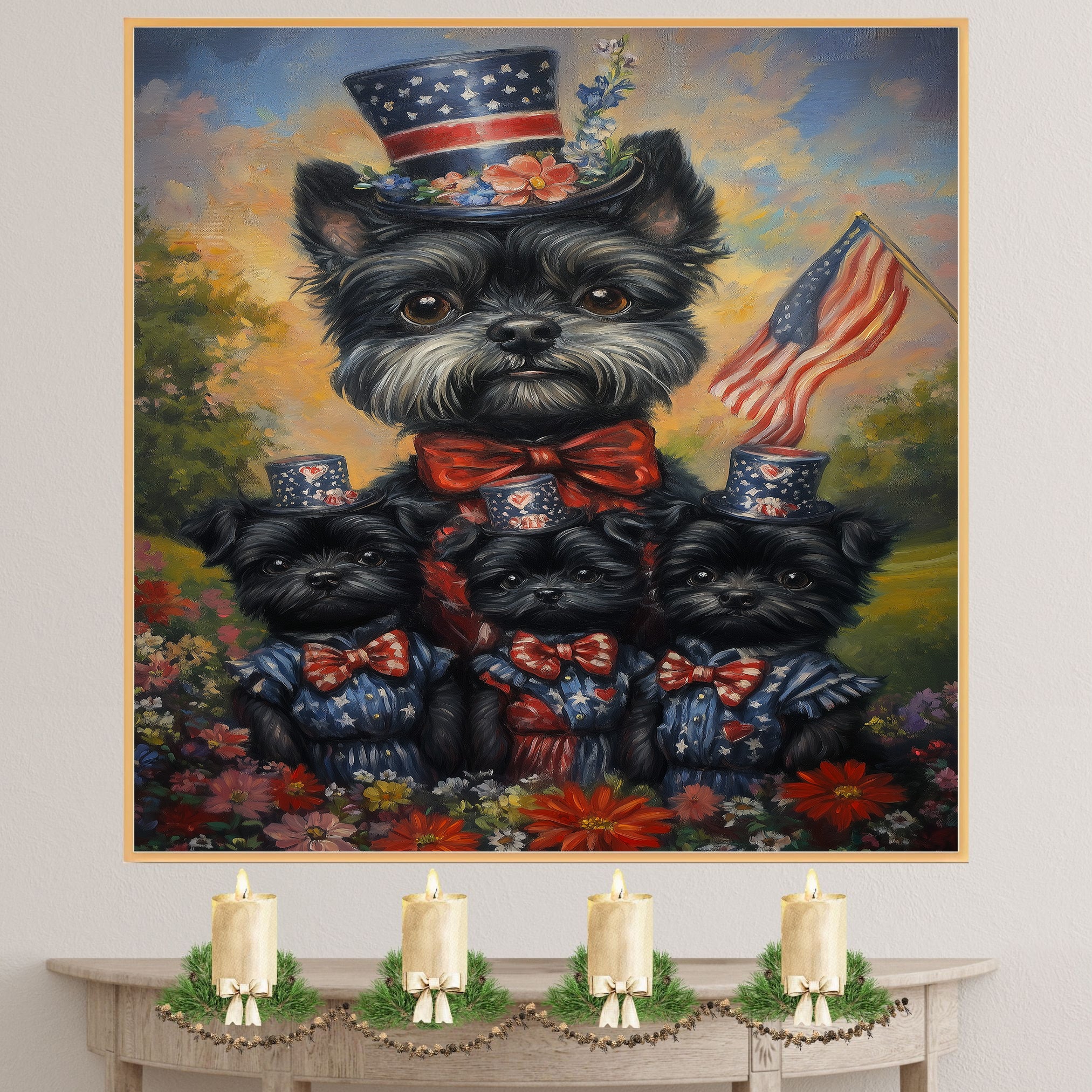 Black Affenpinscher Mother and Puppies Dressed in Patriotic Red White and Blue with Hats and American Flag in Flower Field on Ready to Hang 1.5" Thick Canvas Wrap, Floating Framed Canvas, Flat Rolled Canvas