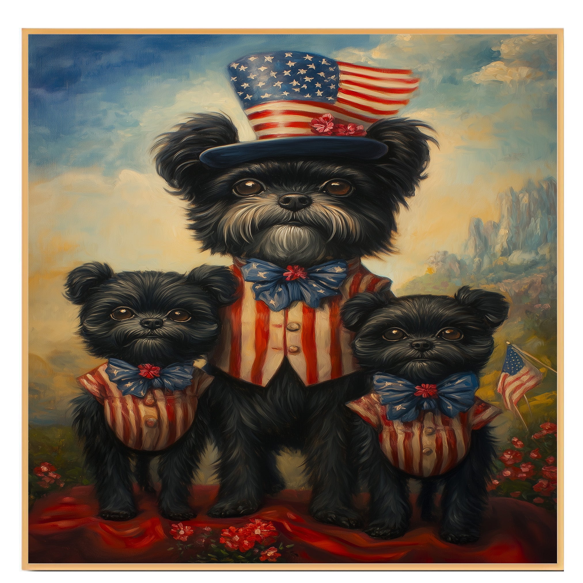 Black Affenpinscher Mother and Puppies Wearing Patriotic Red White and Blue Outfits Holding American Flag with Mountain Background on Ready to Hang 1.5" Thick Canvas Wrap, Floating Framed Canvas, Flat Rolled Canvas