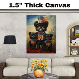 Black Affenpinscher Mother and Puppies Wearing Patriotic Red White and Blue Outfits Holding American Flag with Mountain Background on Ready to Hang 1.5" Thick Canvas Wrap, Floating Framed Canvas, Flat Rolled Canvas
