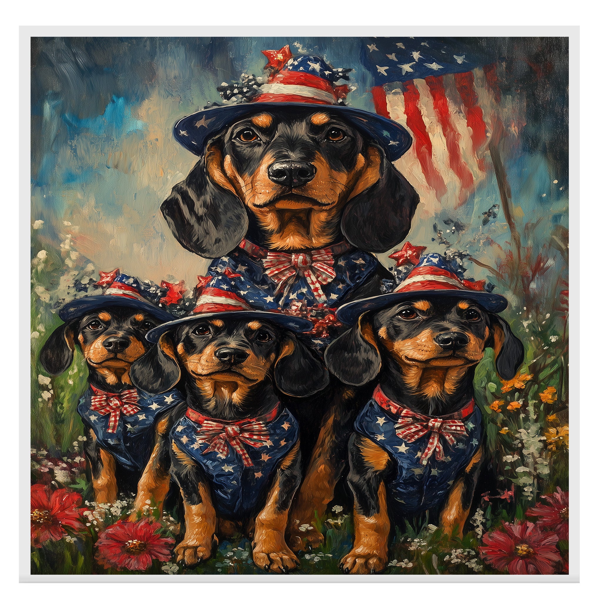 Black and Tan Coonhound Mother and Puppies in Patriotic Outfits with American Flag and Floral Meadow Background on Ready to Hang 1.5" Thick Canvas Wrap, Floating Framed Canvas, Flat Rolled Canvas