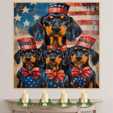 Black and Tan Coonhound Mother and Puppies in Red White and Blue Attire with American Flag and Stars Background on Ready to Hang 1.5" Thick Canvas Wrap, Floating Framed Canvas, Flat Rolled Canvas