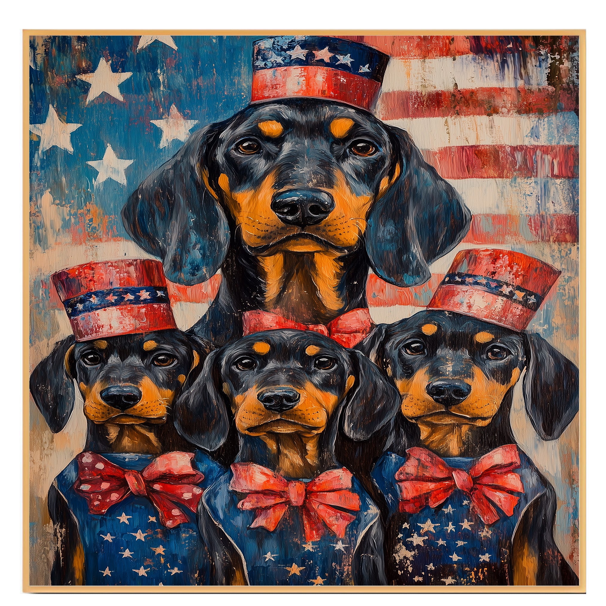 Black and Tan Coonhound Mother and Puppies in Red White and Blue Attire with American Flag and Stars Background on Ready to Hang 1.5" Thick Canvas Wrap, Floating Framed Canvas, Flat Rolled Canvas