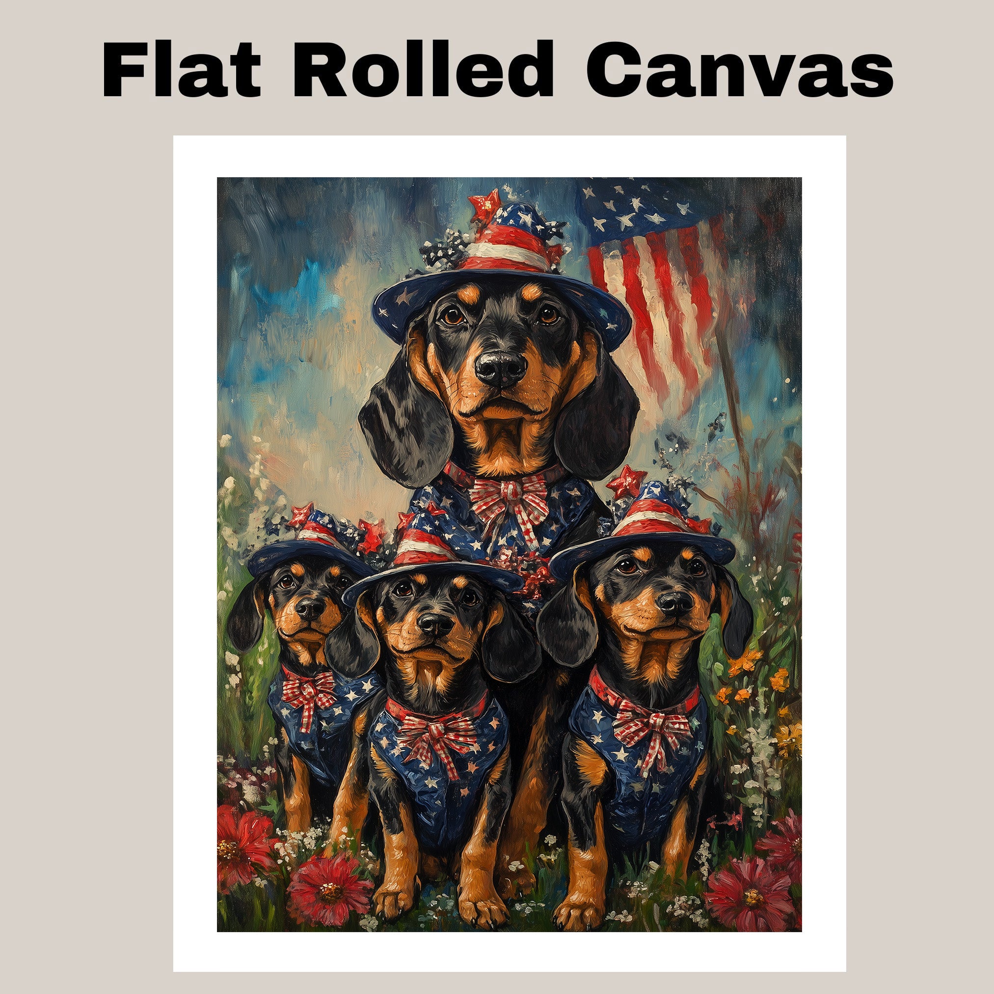 Black and Tan Coonhound Mother and Puppies in Patriotic Outfits with American Flag and Floral Meadow Background on Ready to Hang 1.5" Thick Canvas Wrap, Floating Framed Canvas, Flat Rolled Canvas