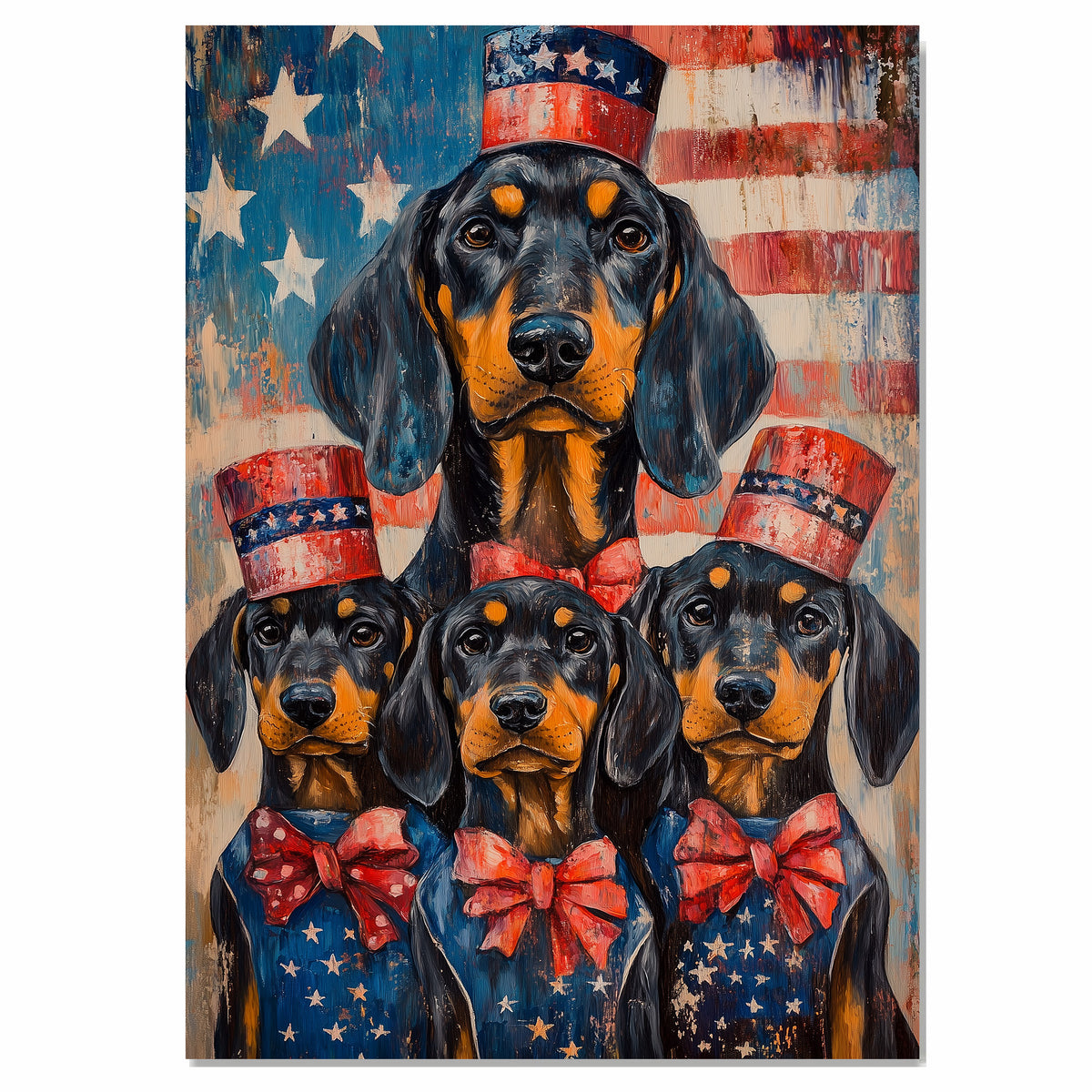 Black and Tan Coonhound Mother and Puppies in Red White and Blue Attire with American Flag and Stars Background on Ready to Hang 1.5" Thick Canvas Wrap, Floating Framed Canvas, Flat Rolled Canvas