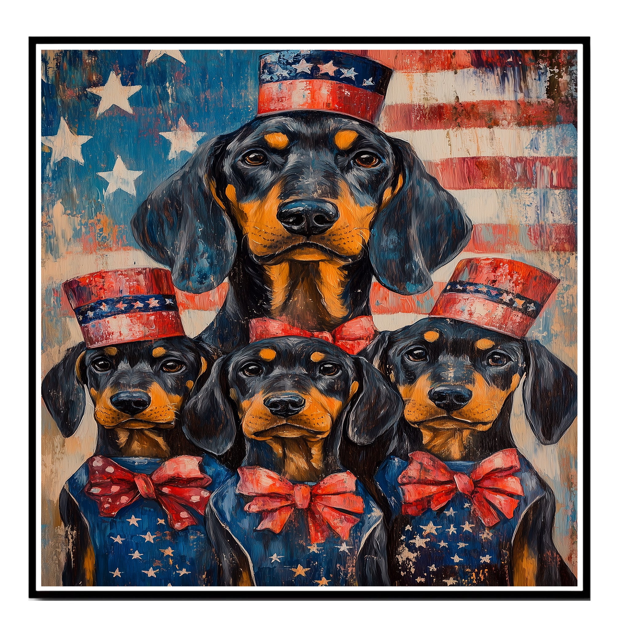 Black and Tan Coonhound Mother and Puppies in Red White and Blue Attire with American Flag and Stars Background on Ready to Hang 1.5" Thick Canvas Wrap, Floating Framed Canvas, Flat Rolled Canvas