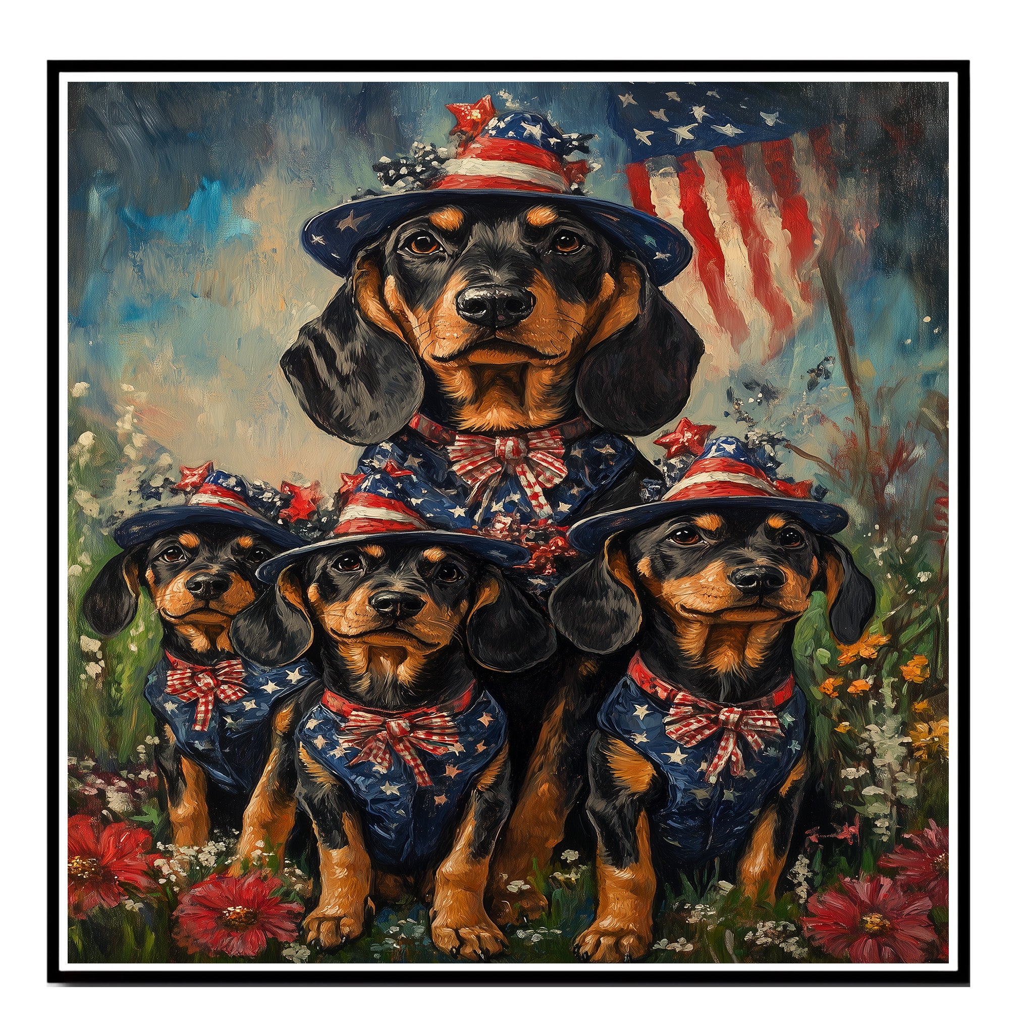 Black and Tan Coonhound Mother and Puppies in Patriotic Outfits with American Flag and Floral Meadow Background on Ready to Hang 1.5" Thick Canvas Wrap, Floating Framed Canvas, Flat Rolled Canvas