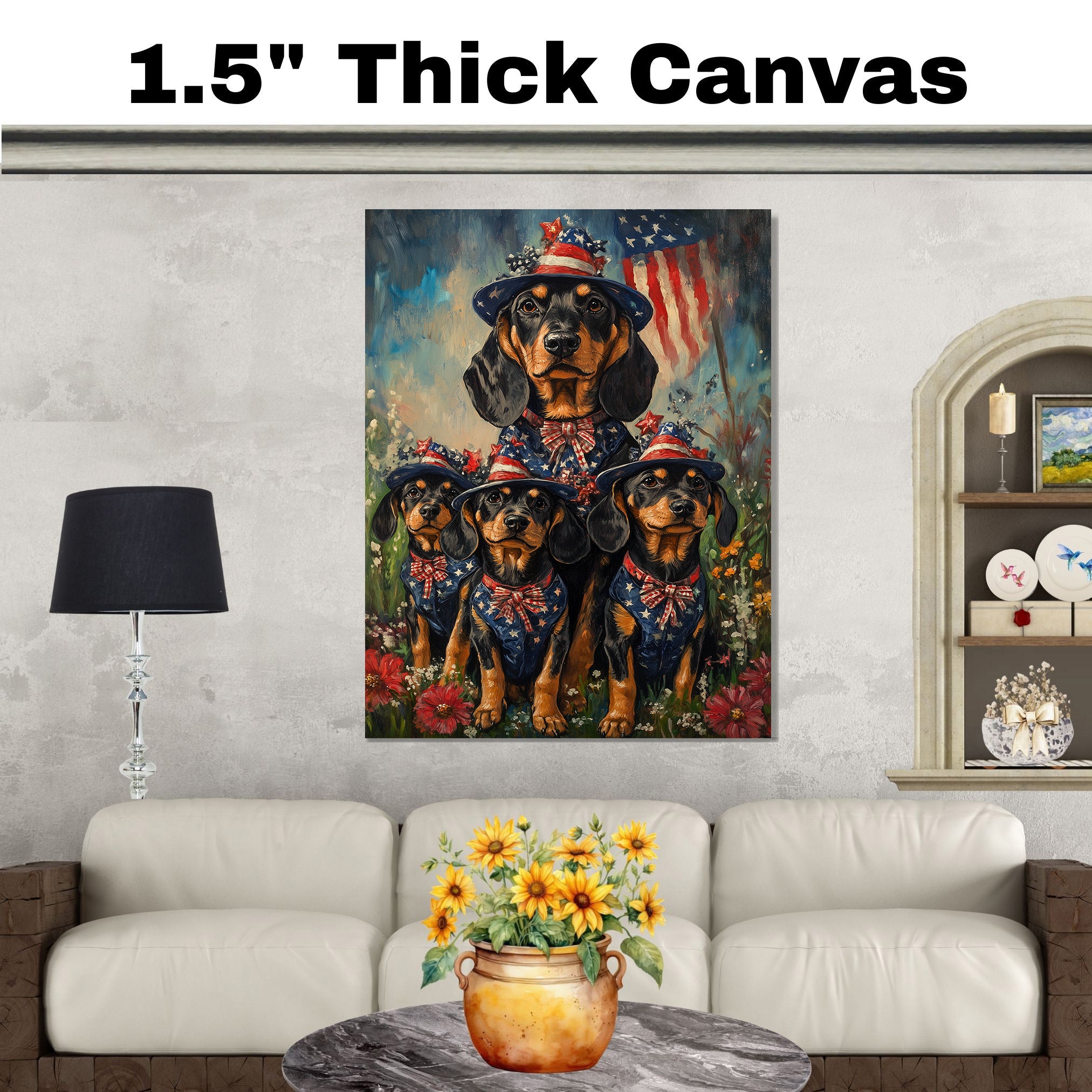 Black and Tan Coonhound Mother and Puppies in Patriotic Outfits with American Flag and Floral Meadow Background on Ready to Hang 1.5" Thick Canvas Wrap, Floating Framed Canvas, Flat Rolled Canvas