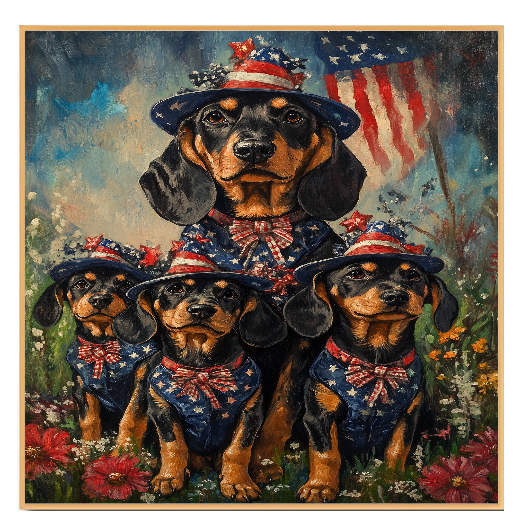 Black and Tan Coonhound Mother and Puppies in Patriotic Outfits with American Flag and Floral Meadow Background on Ready to Hang 1.5" Thick Canvas Wrap, Floating Framed Canvas, Flat Rolled Canvas
