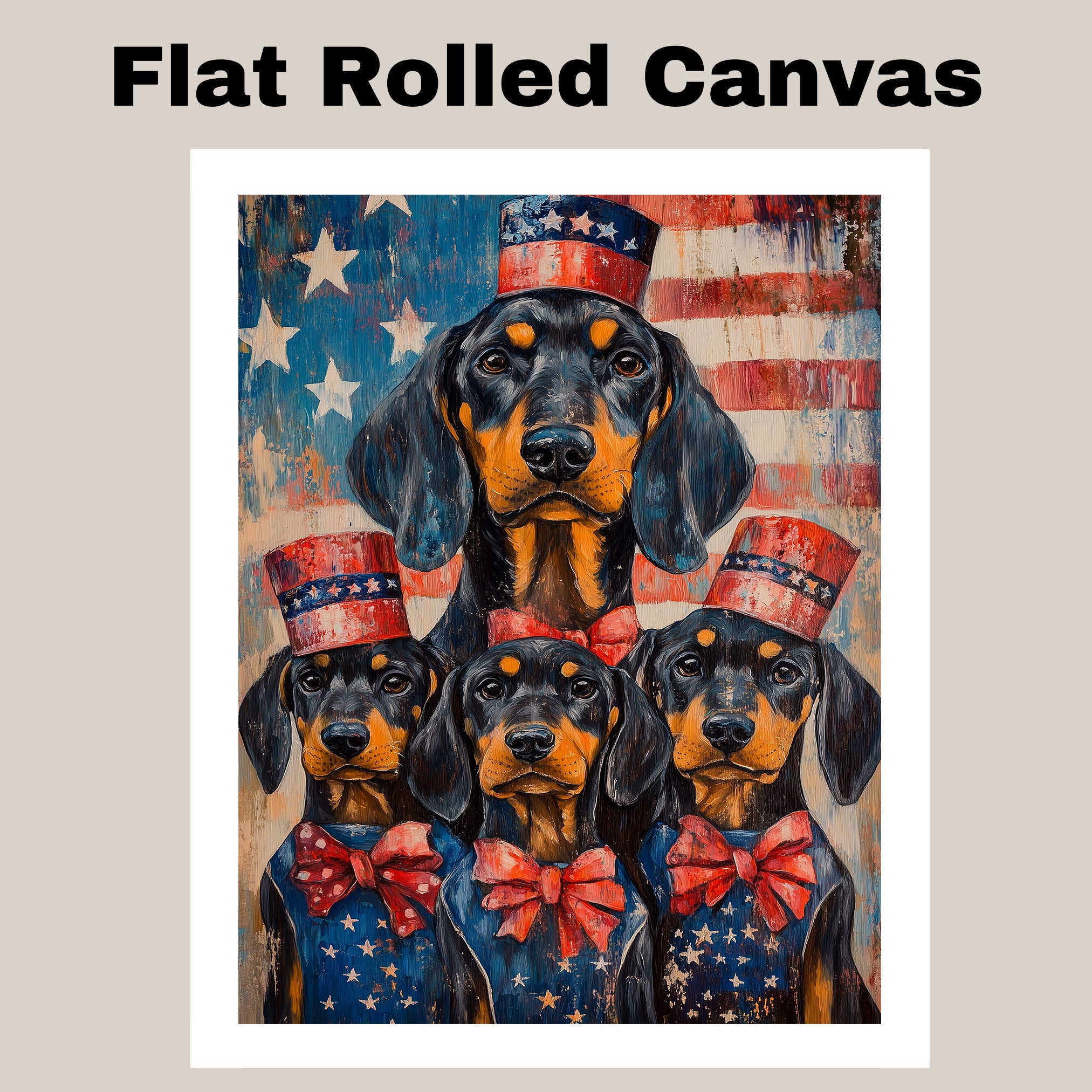 Black and Tan Coonhound Mother and Puppies in Red White and Blue Attire with American Flag and Stars Background on Ready to Hang 1.5" Thick Canvas Wrap, Floating Framed Canvas, Flat Rolled Canvas