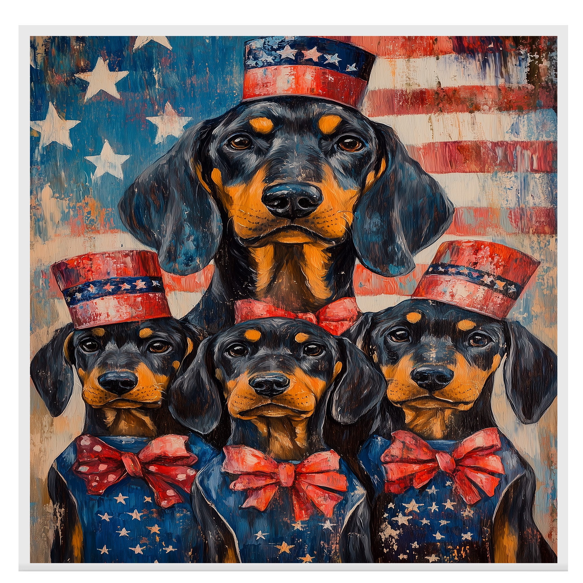 Black and Tan Coonhound Mother and Puppies in Red White and Blue Attire with American Flag and Stars Background on Ready to Hang 1.5" Thick Canvas Wrap, Floating Framed Canvas, Flat Rolled Canvas