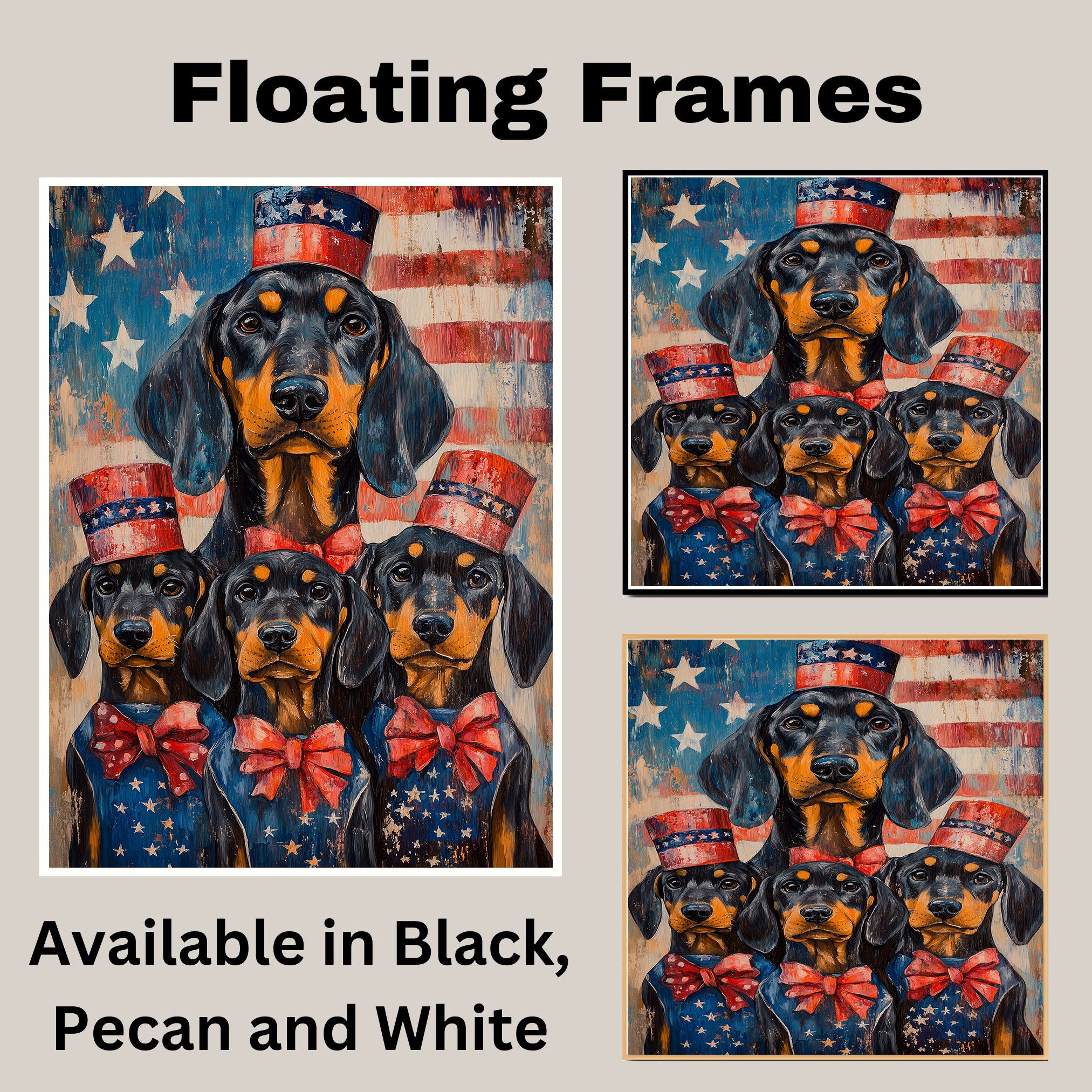 Black and Tan Coonhound Mother and Puppies in Red White and Blue Attire with American Flag and Stars Background on Ready to Hang 1.5" Thick Canvas Wrap, Floating Framed Canvas, Flat Rolled Canvas