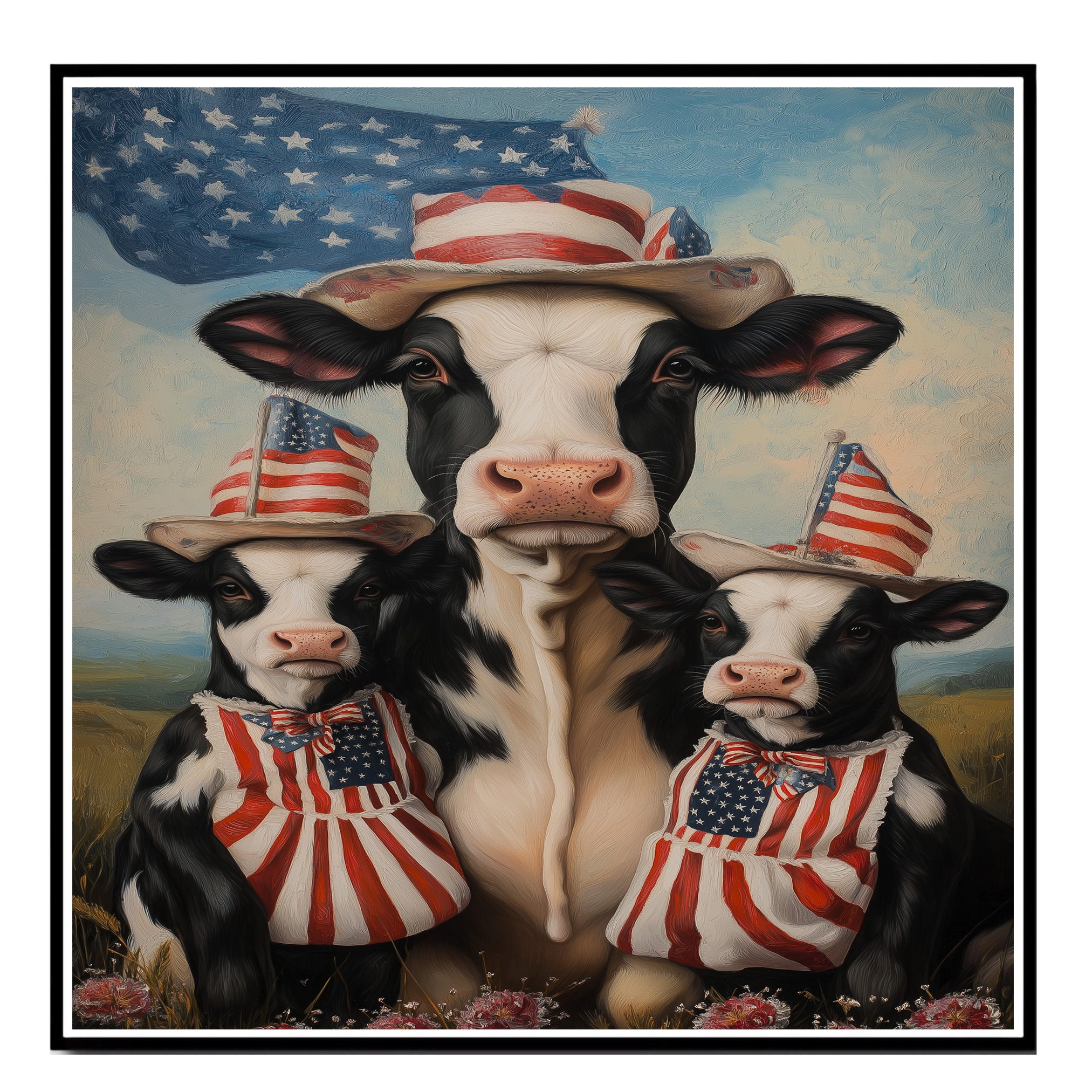 Black and White Cow Mother and Calves in Patriotic Outfits with American Flag and Stars in a Peaceful Countryside Scene on Ready to Hang 1.5" Thick Canvas Wrap, Floating Framed Canvas, Flat Rolled Canvas