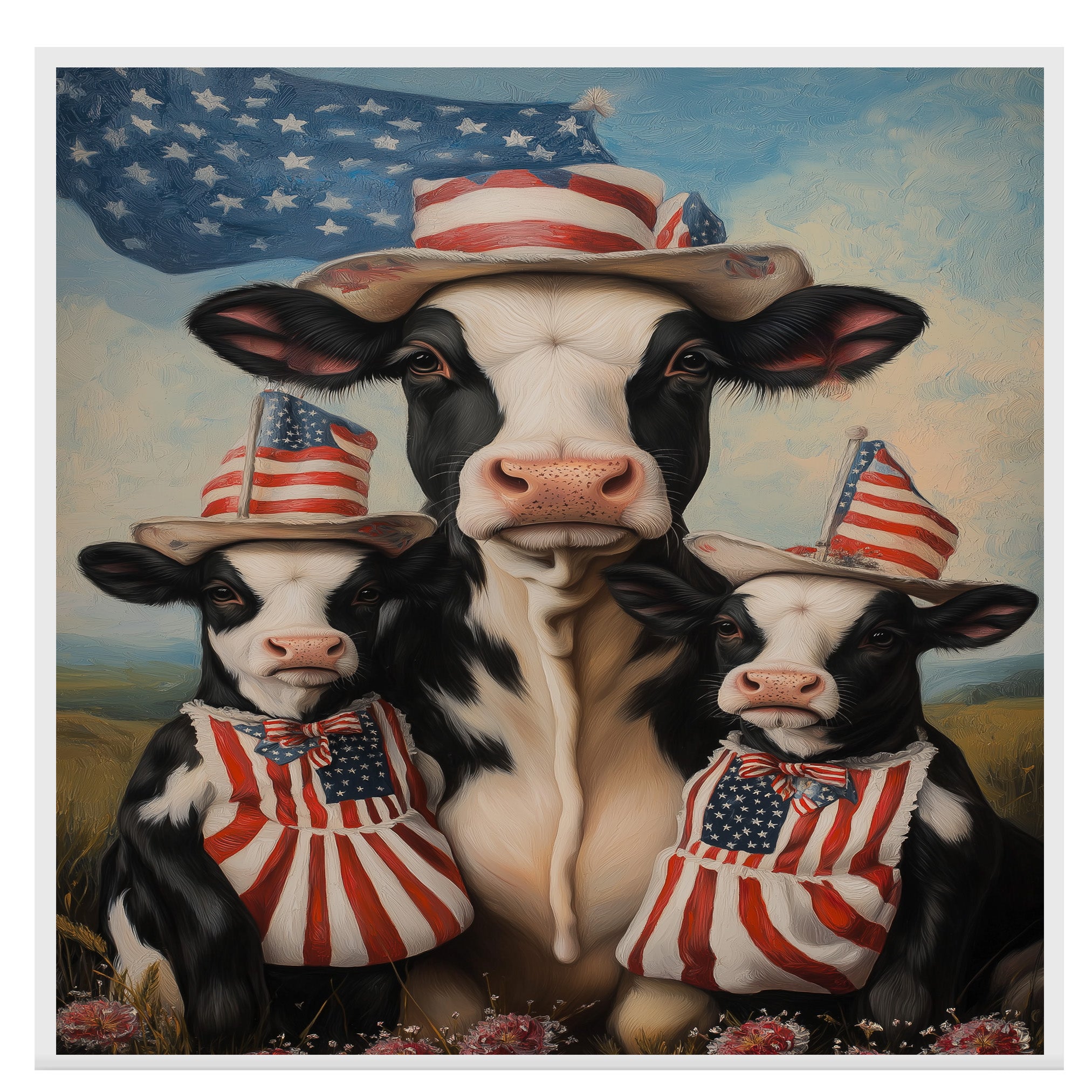 Black and White Cow Mother and Calves in Patriotic Outfits with American Flag and Stars in a Peaceful Countryside Scene on Ready to Hang 1.5" Thick Canvas Wrap, Floating Framed Canvas, Flat Rolled Canvas