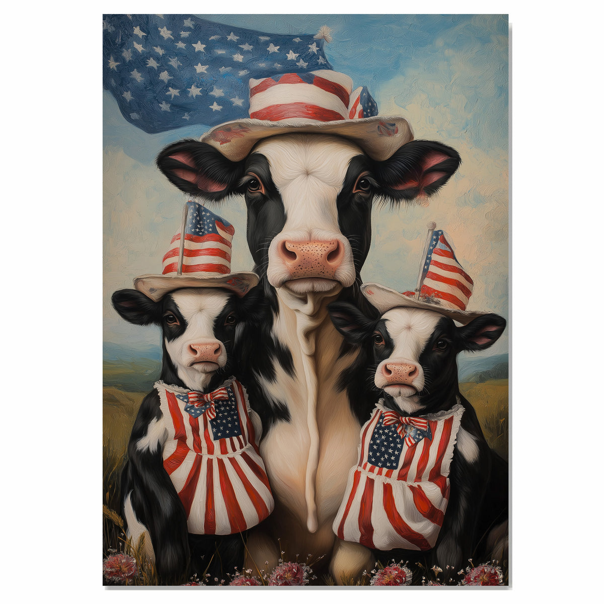 Black and White Cow Mother and Calves in Patriotic Outfits with American Flag and Stars in a Peaceful Countryside Scene on Ready to Hang 1.5" Thick Canvas Wrap, Floating Framed Canvas, Flat Rolled Canvas