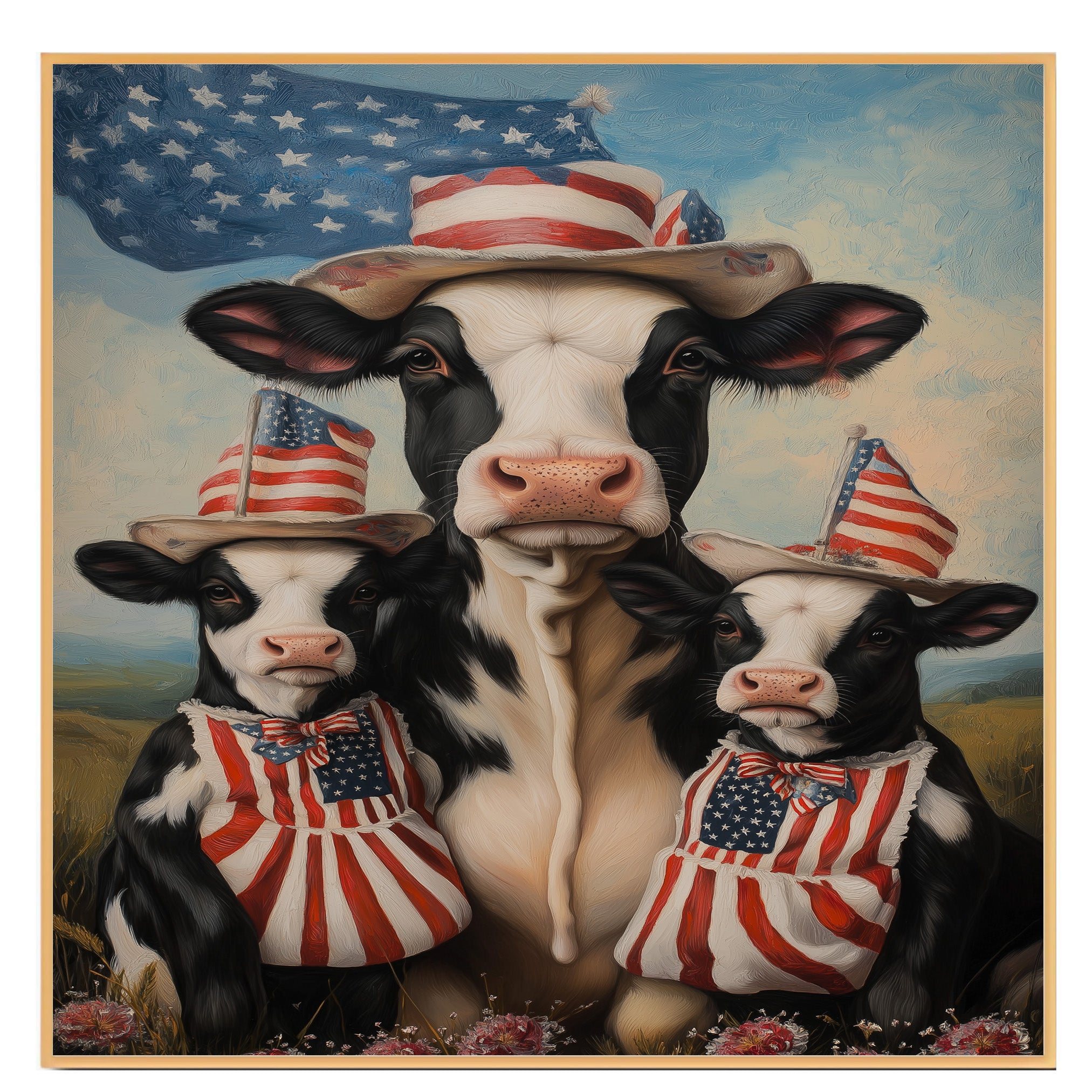 Black and White Cow Mother and Calves in Patriotic Outfits with American Flag and Stars in a Peaceful Countryside Scene on Ready to Hang 1.5" Thick Canvas Wrap, Floating Framed Canvas, Flat Rolled Canvas