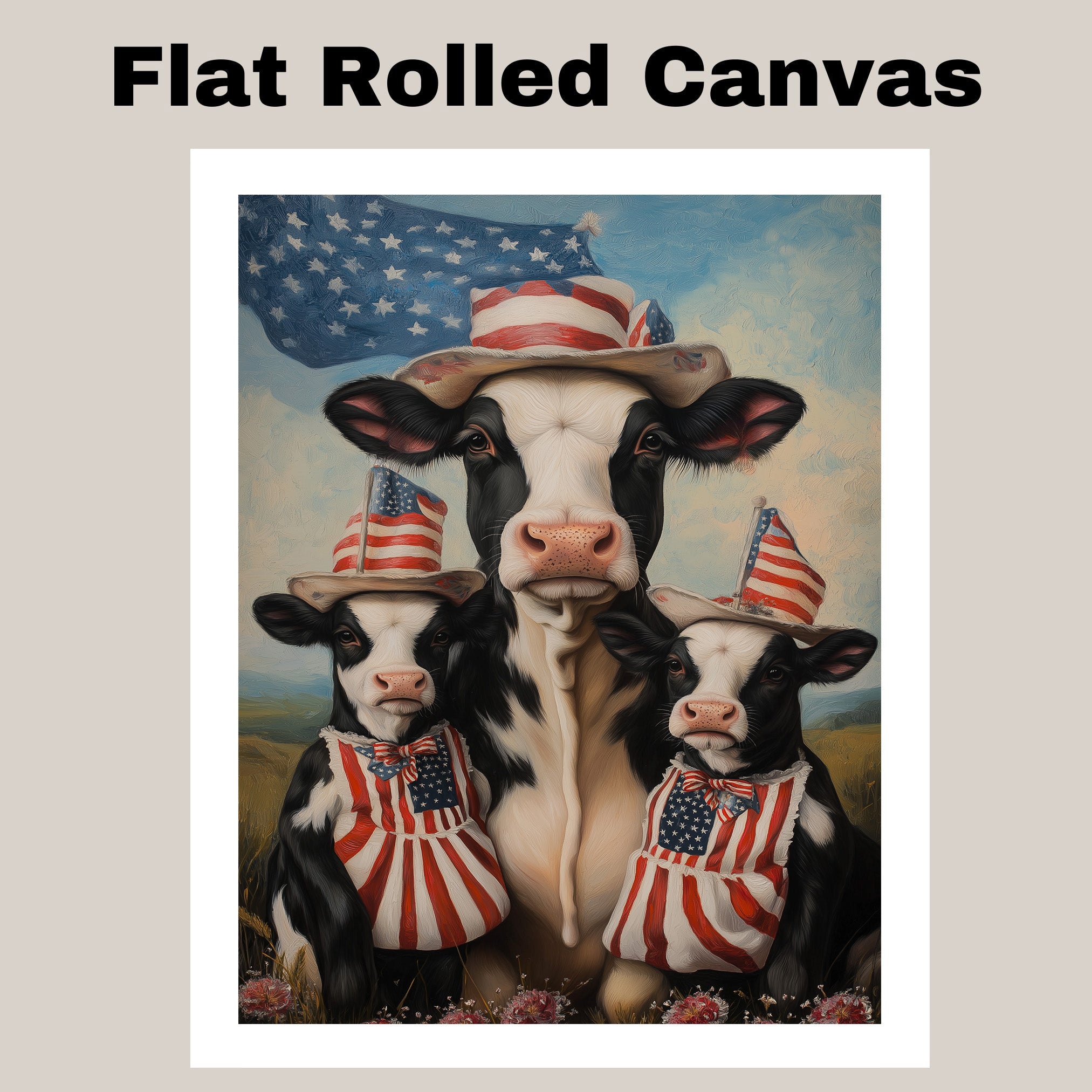 Black and White Cow Mother and Calves in Patriotic Outfits with American Flag and Stars in a Peaceful Countryside Scene on Ready to Hang 1.5" Thick Canvas Wrap, Floating Framed Canvas, Flat Rolled Canvas