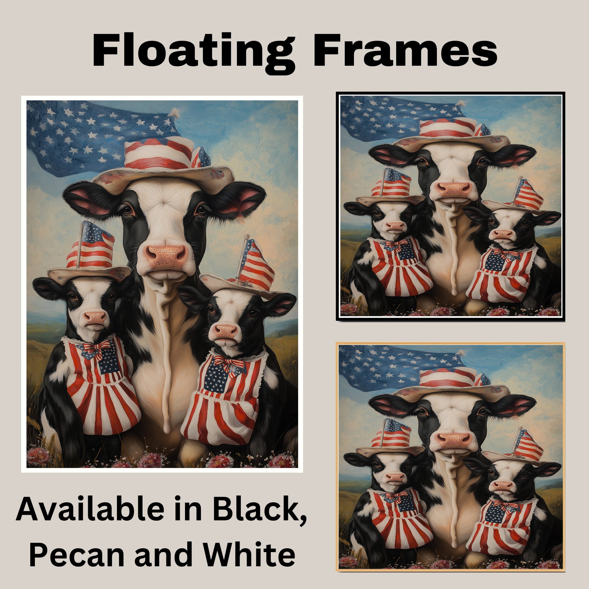 Black and White Cow Mother and Calves in Patriotic Outfits with American Flag and Stars in a Peaceful Countryside Scene on Ready to Hang 1.5" Thick Canvas Wrap, Floating Framed Canvas, Flat Rolled Canvas