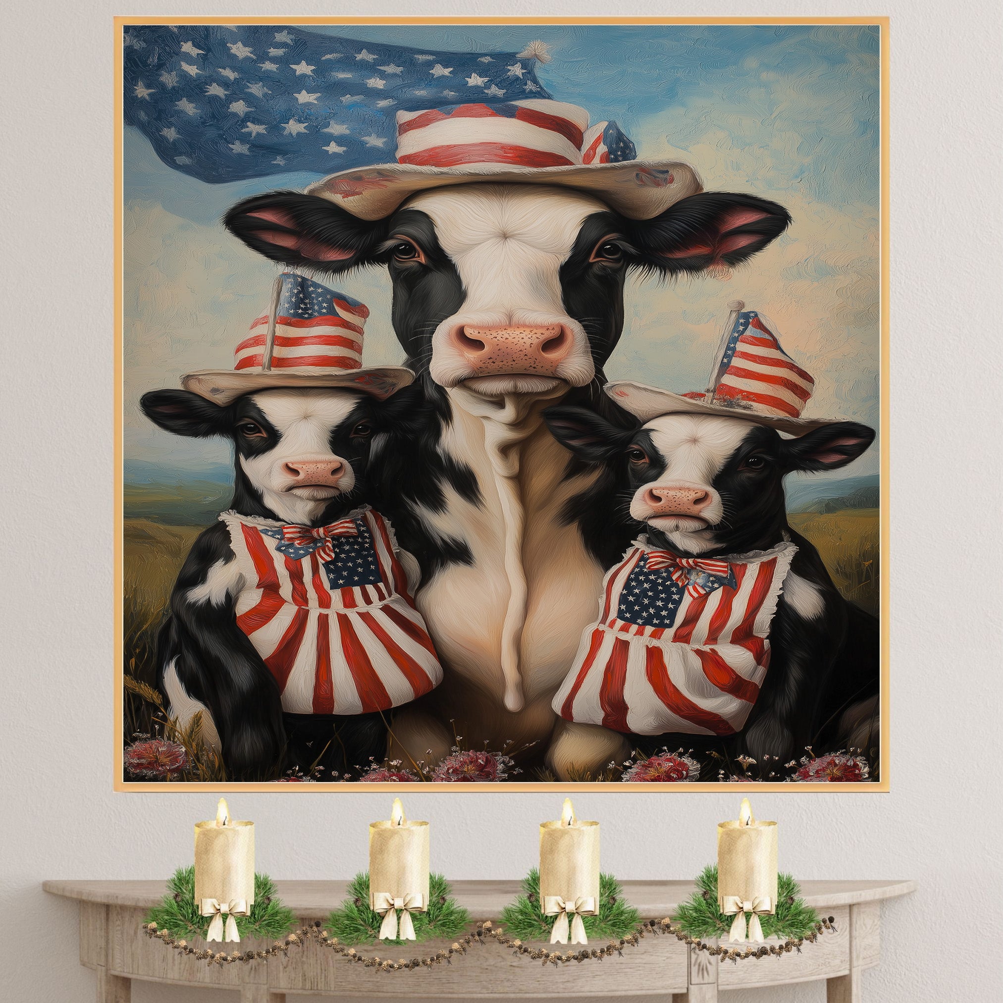 Black and White Cow Mother and Calves in Patriotic Outfits with American Flag and Stars in a Peaceful Countryside Scene on Ready to Hang 1.5" Thick Canvas Wrap, Floating Framed Canvas, Flat Rolled Canvas