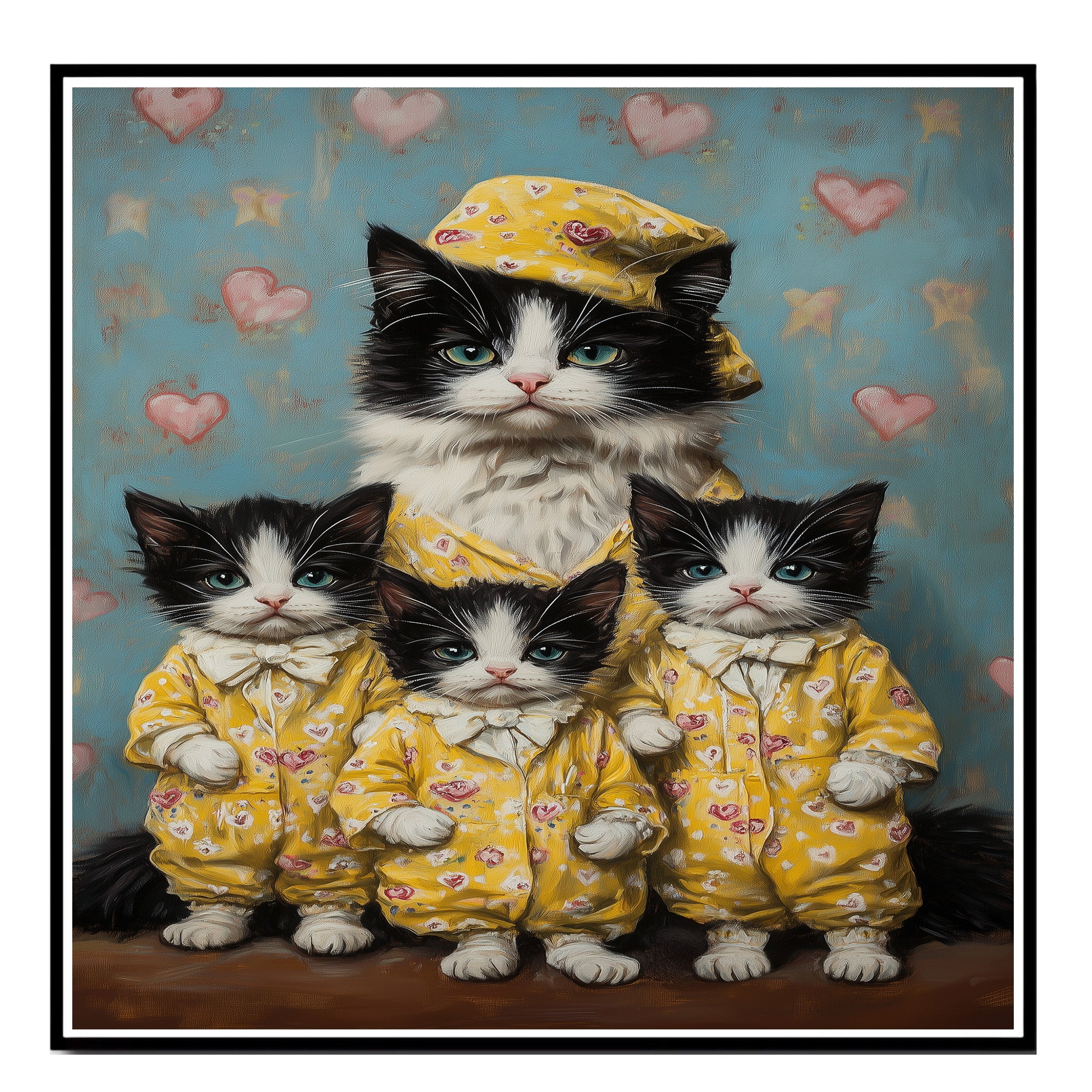 Elegant Oil Painting of Mother Cat and Kittens in Heart Outfits with Floral Hat on Warm Background for Cat Lovers and Pet Fans on Ready to Hang 1.5" Thick Canvas Wrap, Floating Framed Canvas, Flat Rolled Canvas