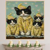 Mother Cat and Kittens in Yellow Pajamas Charming Tuxedo Cat Family Artwork Whimsical Cozy Painting for Cat Lovers and Nurseries on Ready to Hang 1.5" Thick Canvas Wrap, Floating Framed Canvas, Flat Rolled Canvas