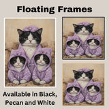 Mother Cat and Kittens in Purple Hoodies Tuxedo Cat Family Artwork Cozy Whimsical Style for Cat Lovers and Nursery Decor on Ready to Hang 1.5" Thick Canvas Wrap, Floating Framed Canvas, Flat Rolled Canvas