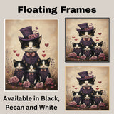 Mother Cat and Kittens Dressed in Matching Blue Suits with Pink Bows and Top Hat Surrounded by Hearts Tuxedo Cats on Ready to Hang 1.5" Thick Canvas Wrap, Floating Framed Canvas, Flat Rolled Canvas
