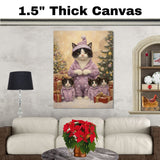 Tuxedo Cat Family in Lavender Holiday Outfits Surrounded by Snowy Trees and Christmas Gifts in a Magical Winter Wonderland Scene