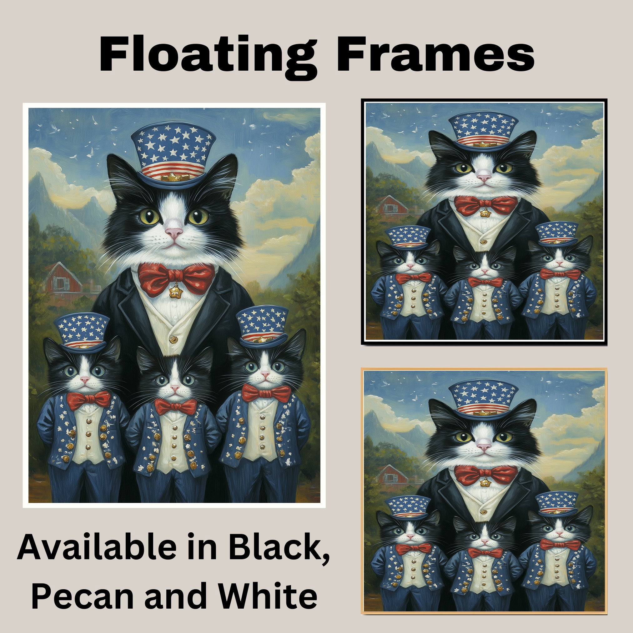 Mother Tuxedo Cat and Three Kittens in Patriotic Uncle Sam Outfits with Stars and Bow Ties in Farm Country Setting on Ready to Hang 1.5" Thick Canvas Wrap, Floating Framed Canvas, Flat Rolled Canvas