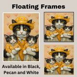 Mother Cat and Kittens in Charming Pink Outfits with Roses and Hearts Whimsical Black and White Tuxedo Cat Family Relaxing Portrait on Ready to Hang 1.5" Thick Canvas Wrap, Floating Framed Canvas, Flat Rolled Canvas