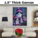 Tuxedo Cat Family in Red and Purple Santa Hats Surrounded by Gifts and Christmas Trees in a Vibrant Holiday Scene Full of Festive Lights and Cheer