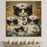 Mother Cat and Kittens in Nurse Outfits Charming Tuxedo Cat Family Artwork for Cat Lovers, Healthcare Gifts, and Nursery Decor on Ready to Hang 1.5" Thick Canvas Wrap, Floating Framed Canvas, Flat Rolled Canvas