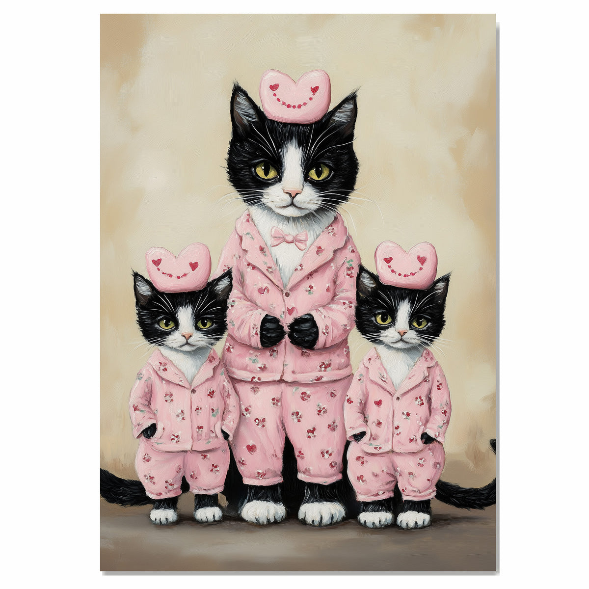 Colorful Oil Painting of Texudo Cat Family in Rainbow Outfits with Roses and Hearts for Cat Lovers and Whimsical Art Enthusiasts on Ready to Hang 1.5" Thick Canvas Wrap, Floating Framed Canvas, Flat Rolled Canvas