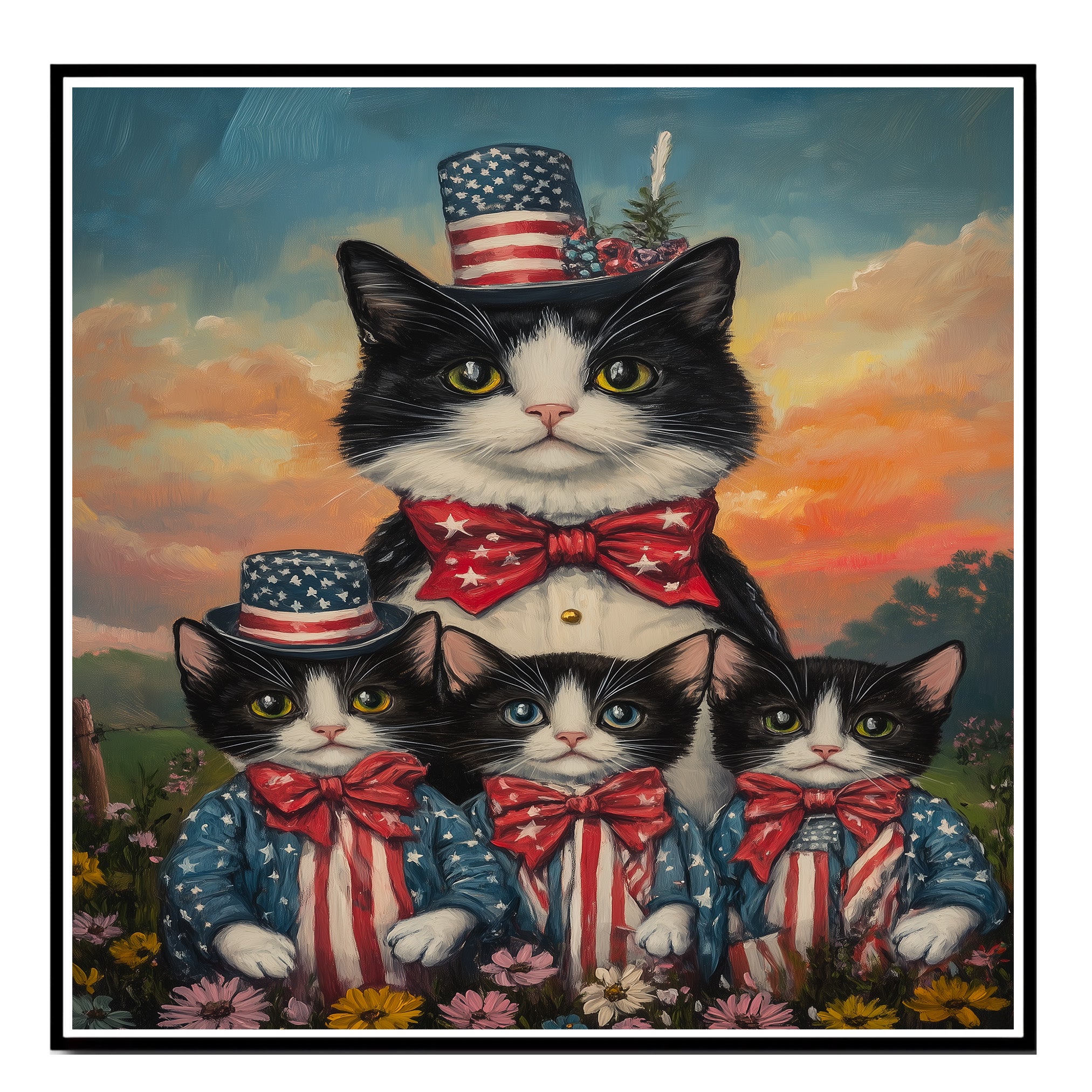 Mother Black and White Tuxedo Cat with Three Kittens in Patriotic Outfits and Hats in a Sunset Flower Field Scene on Ready to Hang 1.5" Thick Canvas Wrap, Floating Framed Canvas, Flat Rolled Canvas
