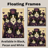 Mother Texudo Cat and Kittens in Pink Dresses with Hats Black and White Cats Surrounded by Hearts on Ready to Hang 1.5" Thick Canvas Wrap, Floating Framed Canvas, Flat Rolled Canvas