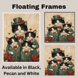 Playful Oil Painting of Texudo Cat Family in Personalized Green Heart Pajamas with Beanies on Beige Background for Pet Lovers and Cat Fans on Ready to Hang 1.5" Thick Canvas Wrap, Floating Framed Canvas, Flat Rolled Canvas